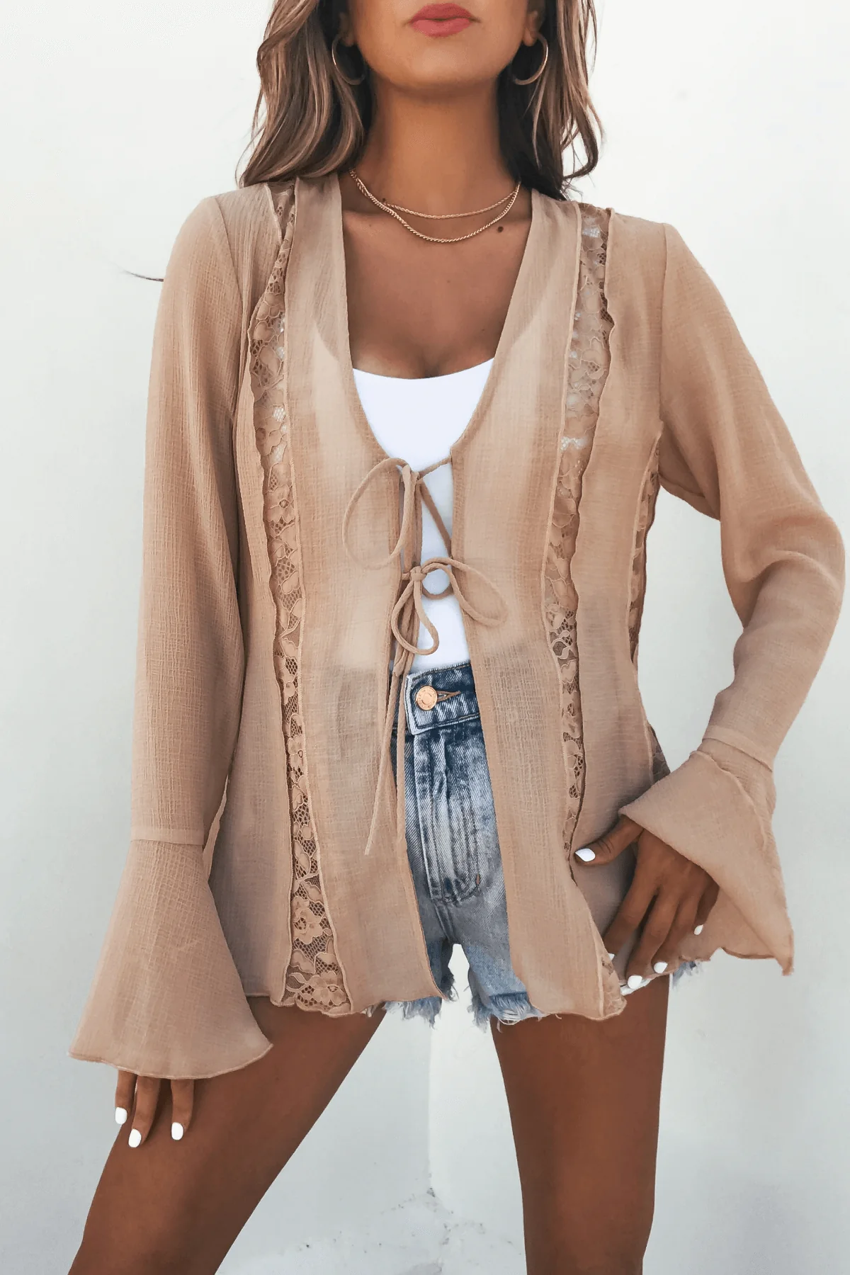 Sand Bell Sleeve Sheer Lace Top - Image 3