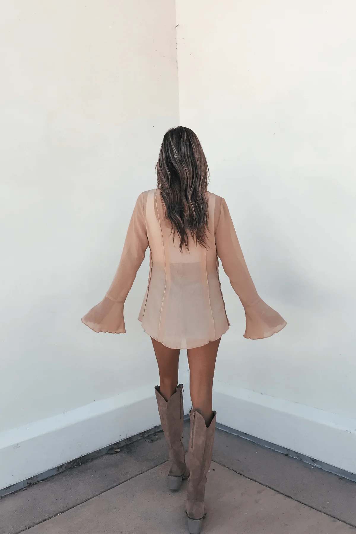 Sand Bell Sleeve Sheer Lace Top - Image 4