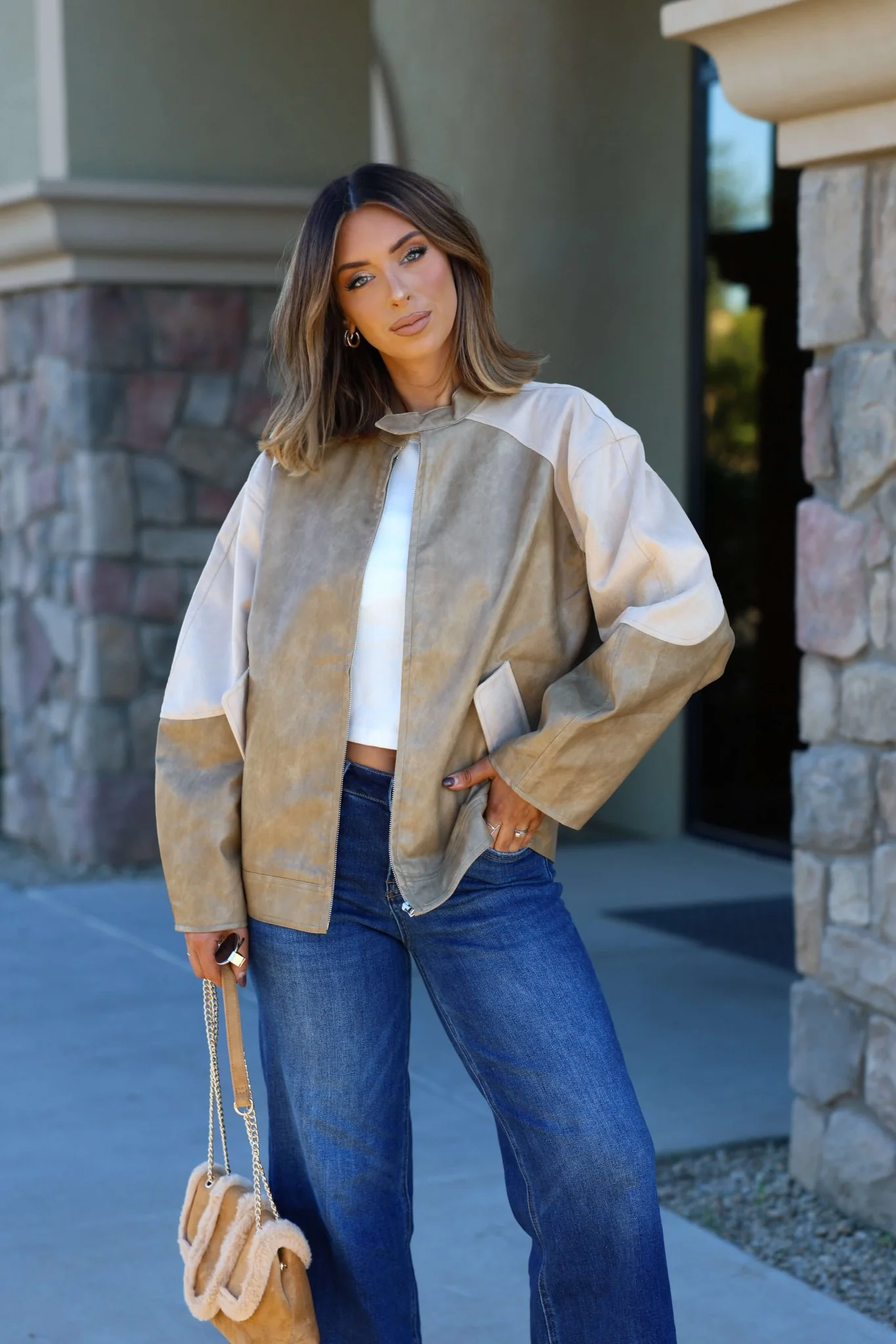 Sand Faux Leather Loose Suede Jacket - FINAL SALE
