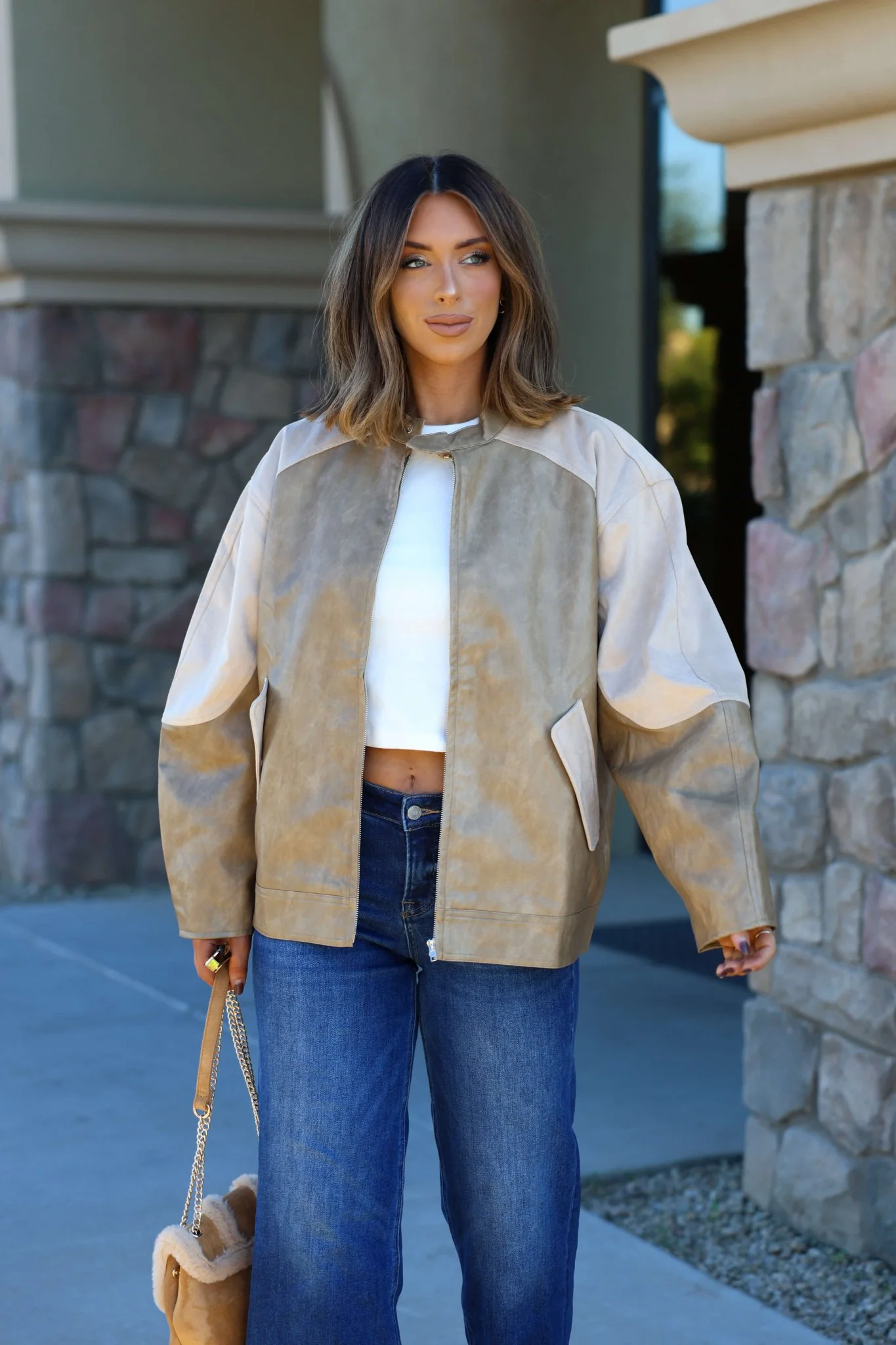 Sand Faux Leather Loose Suede Jacket - FINAL SALE - Image 2