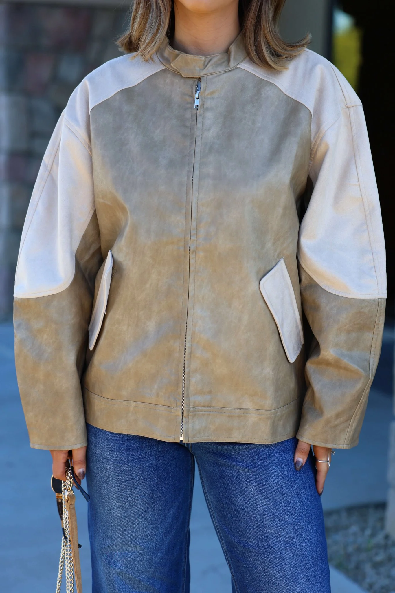 Sand Faux Leather Loose Suede Jacket - FINAL SALE - Image 5