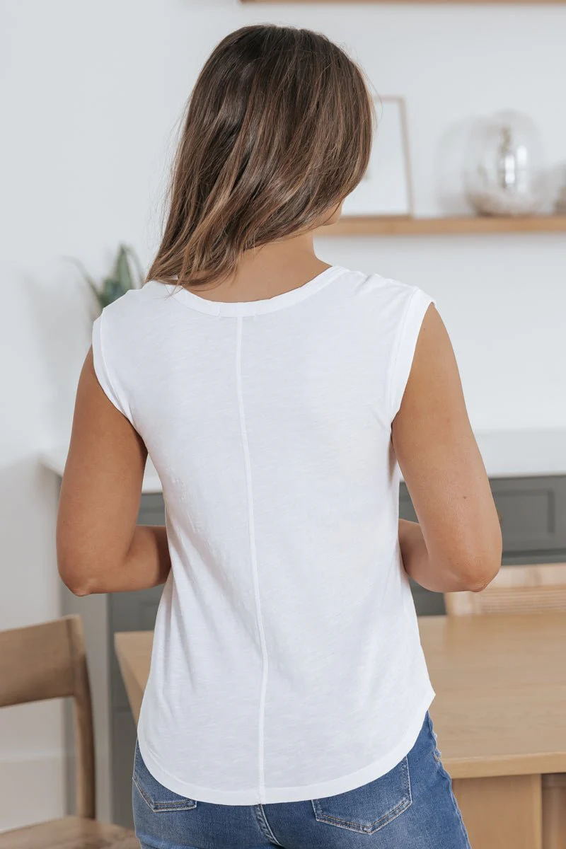 Scoop Neck Cotton Slub Knit Tee - White - Image 9