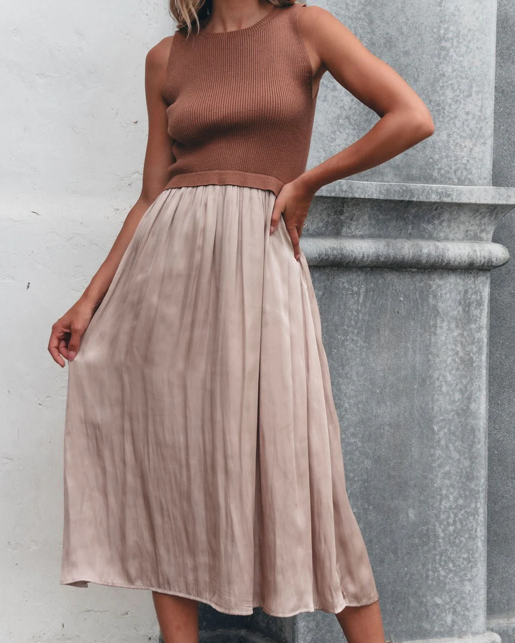 Sleeveless Half Sweater and Satin Skirt Midi Dress - Mocha - Image 10