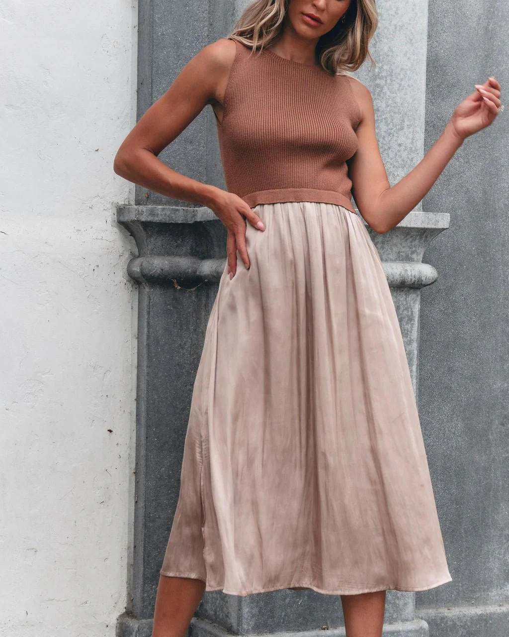 Sleeveless Half Sweater and Satin Skirt Midi Dress - Mocha - Image 11