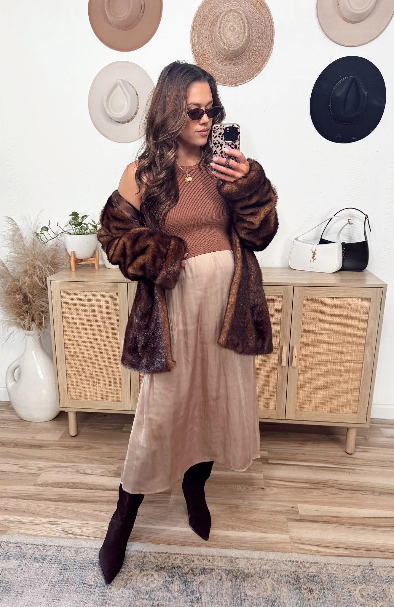 Sleeveless Half Sweater and Satin Skirt Midi Dress - Mocha - Image 13