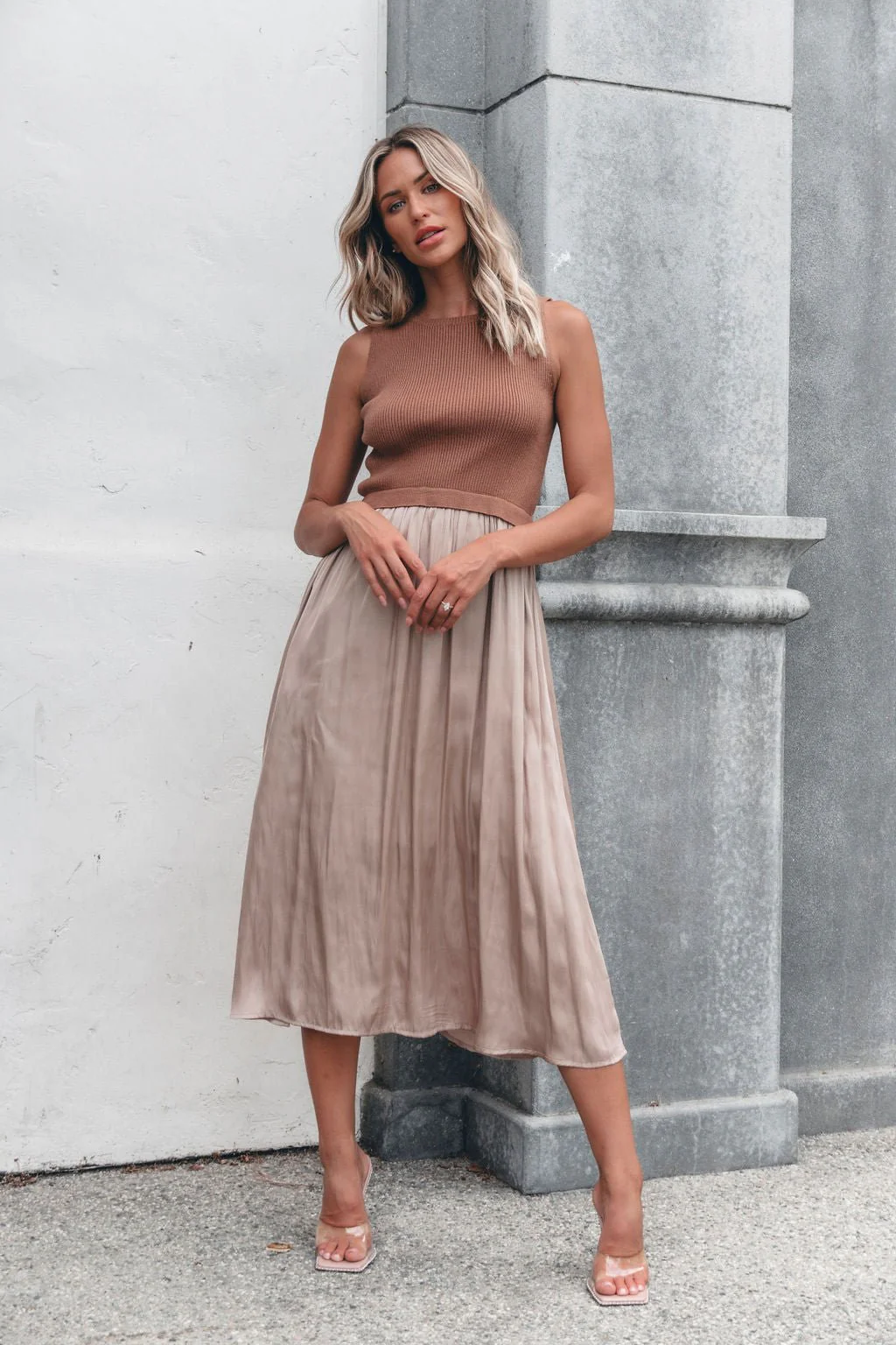 Sleeveless Half Sweater and Satin Skirt Midi Dress - Mocha - Image 7