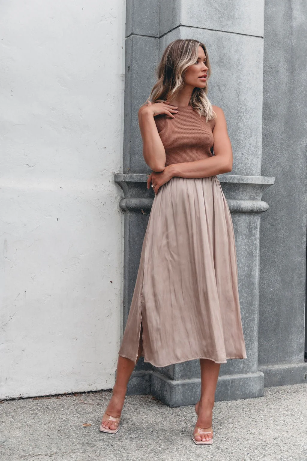 Sleeveless Half Sweater and Satin Skirt Midi Dress - Mocha - Image 8