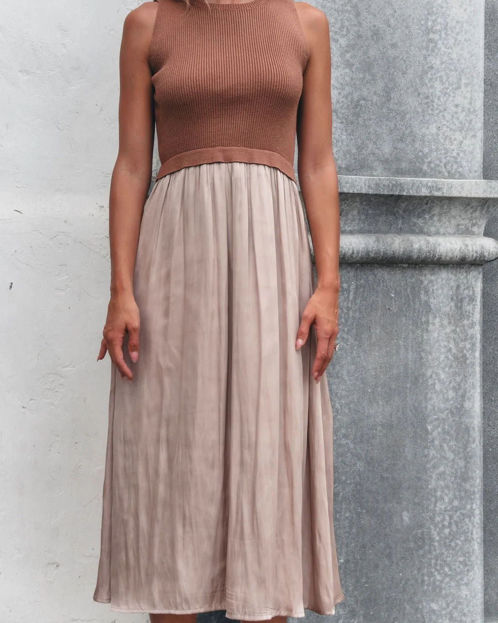 Sleeveless Half Sweater and Satin Skirt Midi Dress - Mocha - Image 9