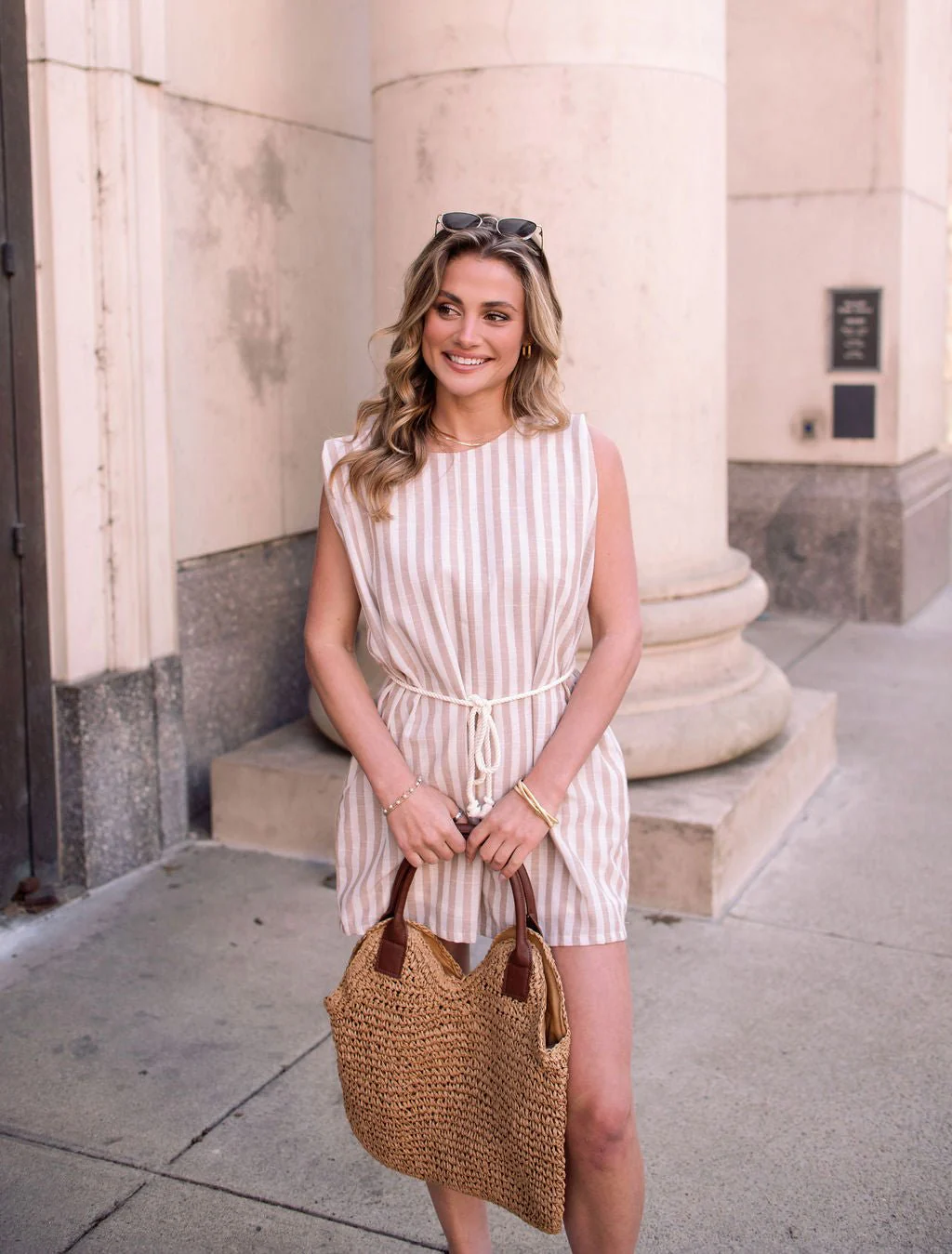 Sleeveless Mocha Striped Belted Romper - Image 4