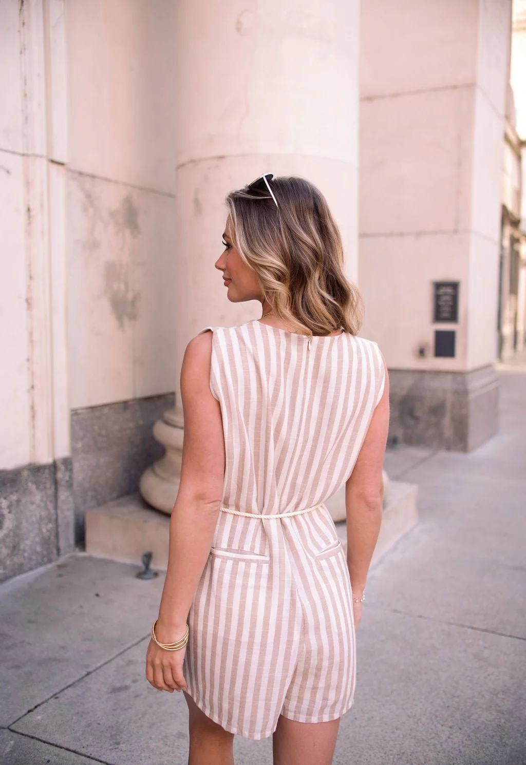 Sleeveless Mocha Striped Belted Romper - Image 5