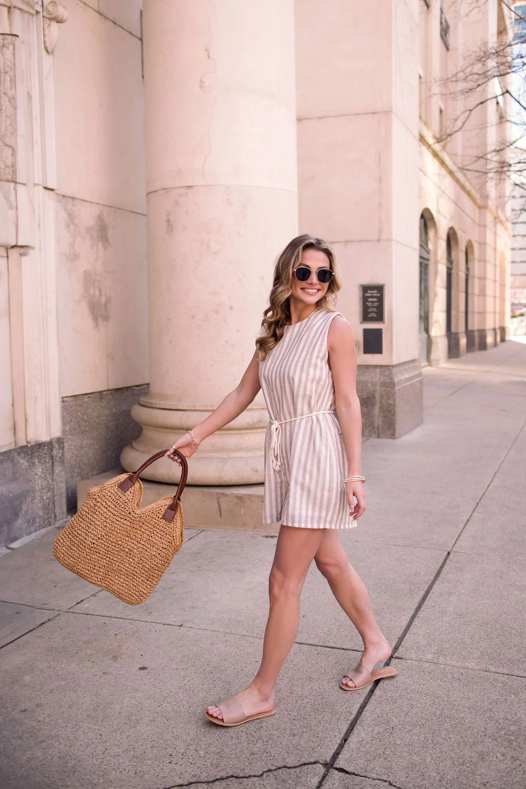 Sleeveless Mocha Striped Belted Romper - Image 7