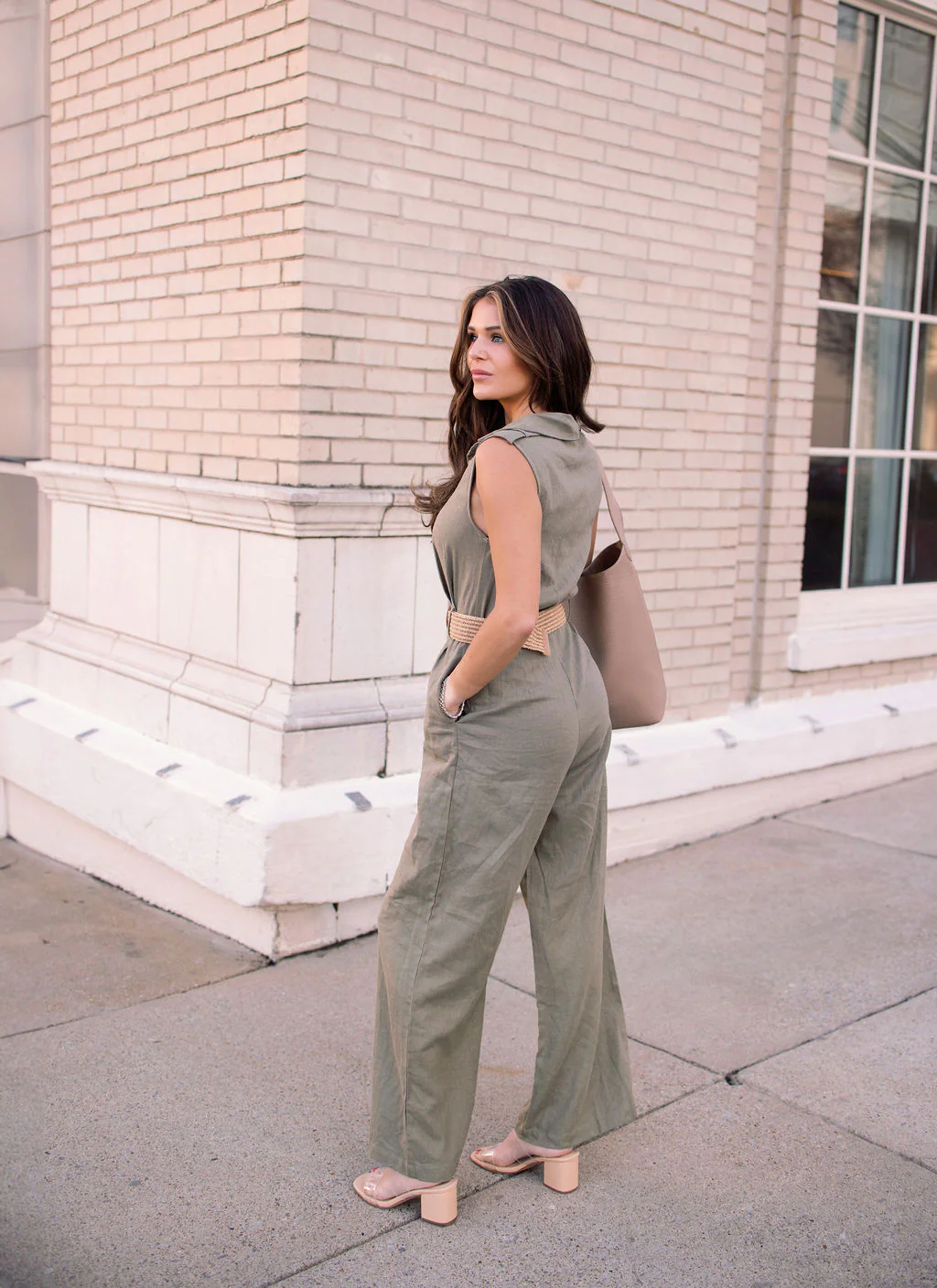 Sleeveless Olive Belted Linen Jumpsuit - Image 5
