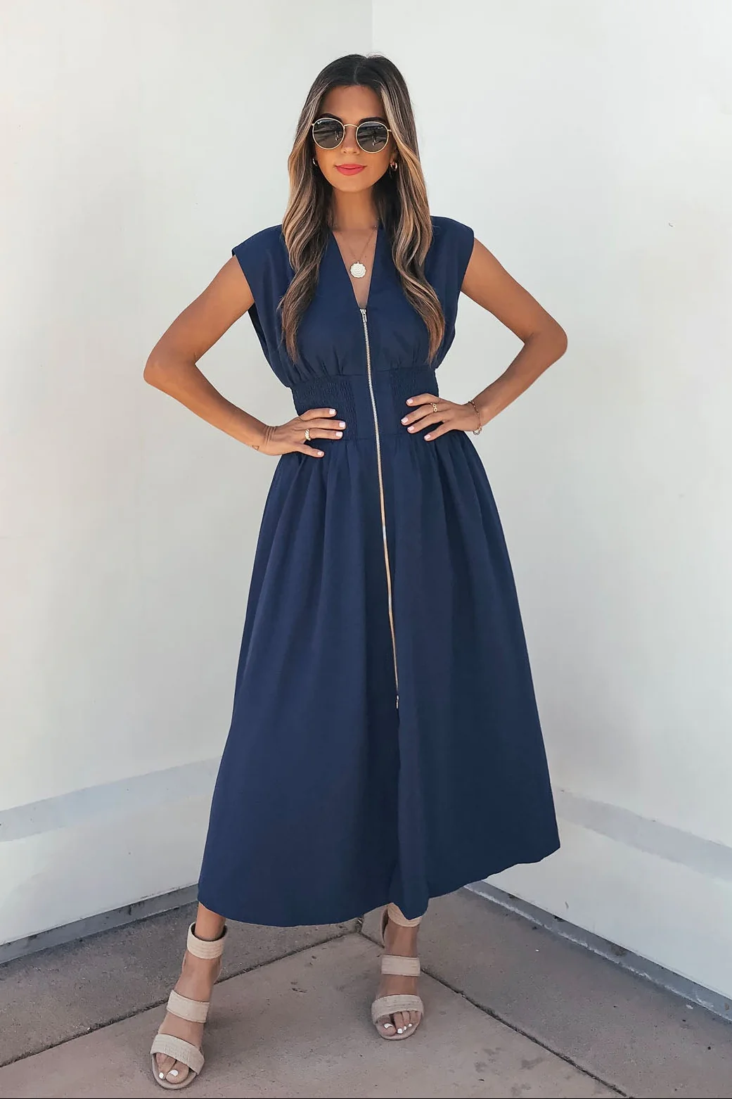Solid Zip Up Front Midi Dress - Navy
