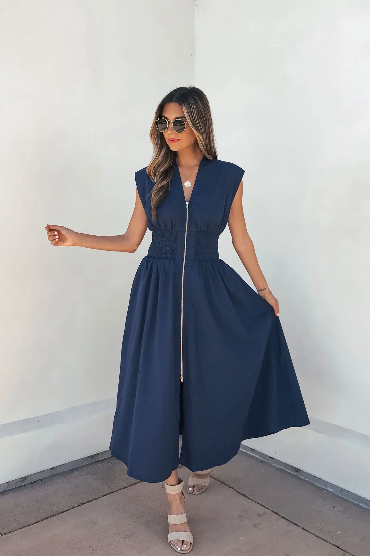 Solid Zip Up Front Midi Dress - Navy - Image 2