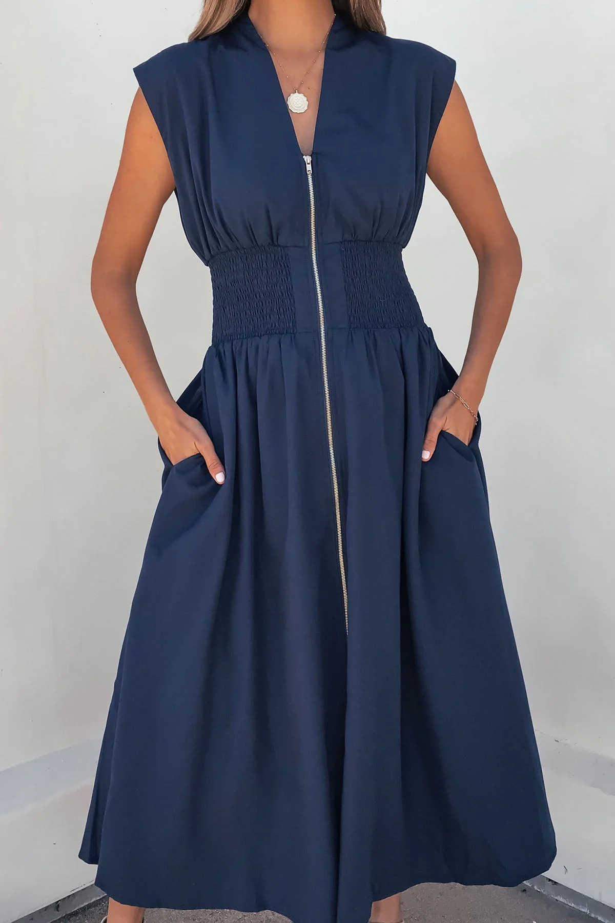 Solid Zip Up Front Midi Dress - Navy - Image 3