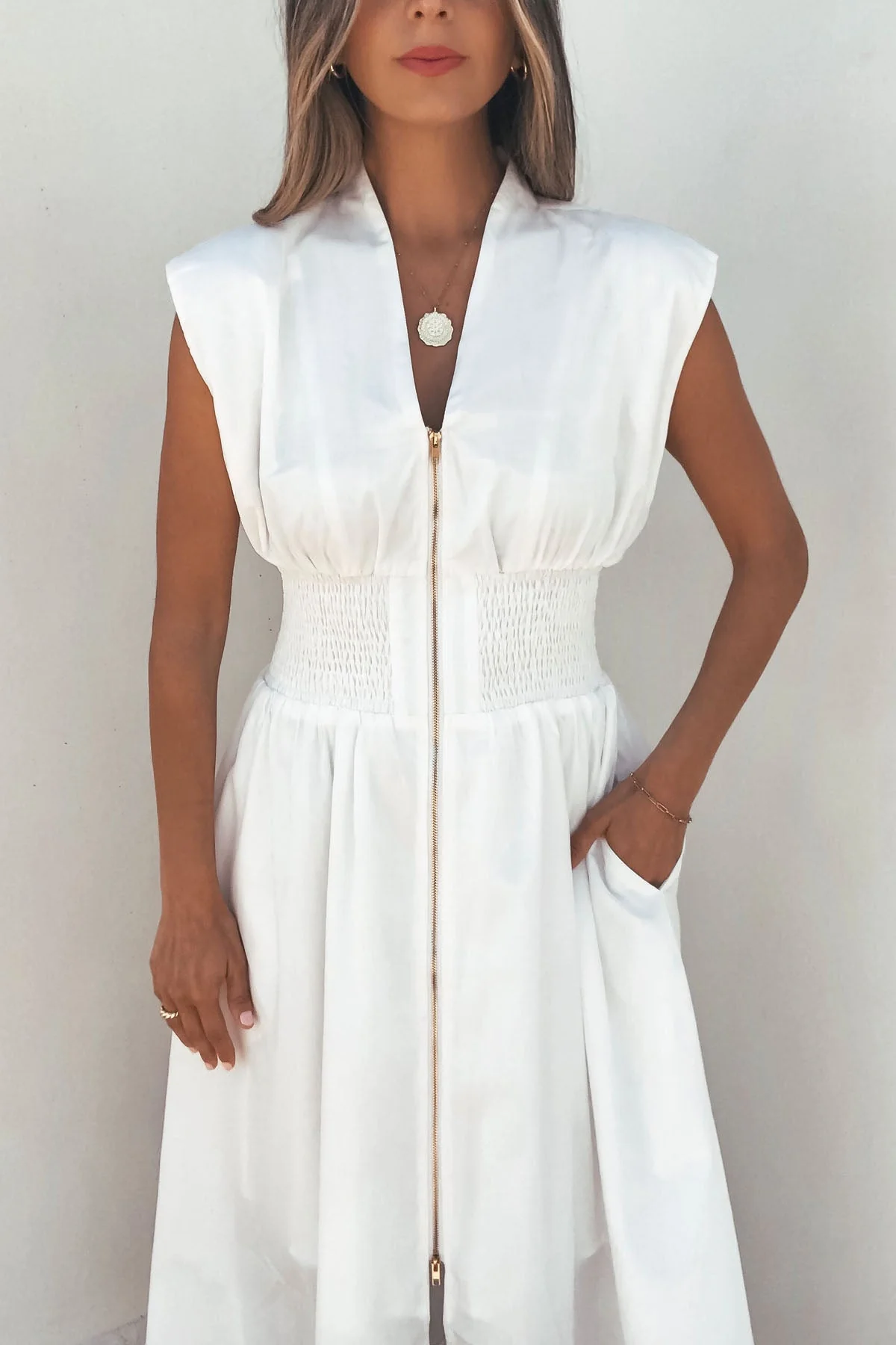 Solid Zip Up Front Midi Dress - White - Image 3