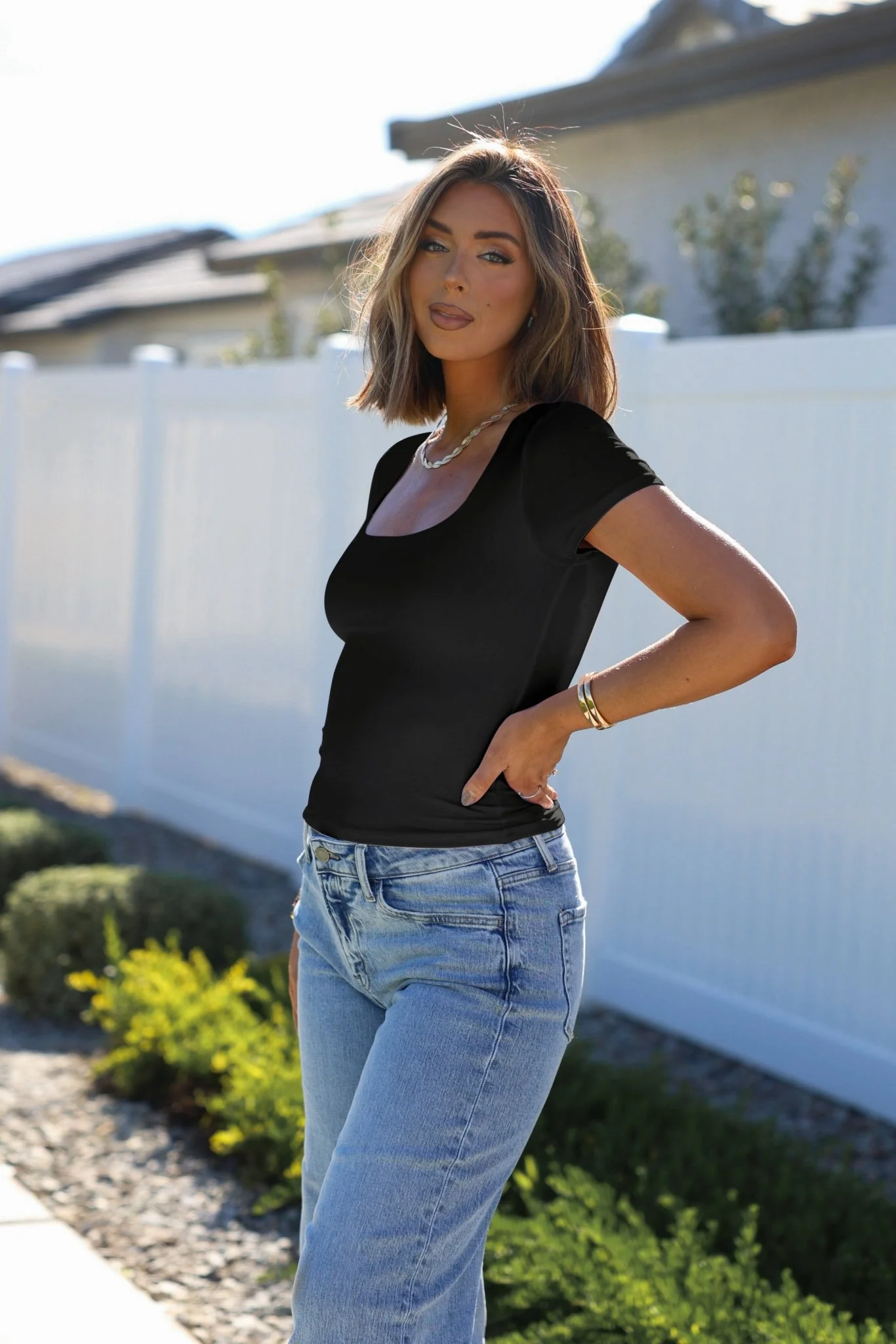 Stretchy Black Double Lined Scoop Neck Top - Image 2