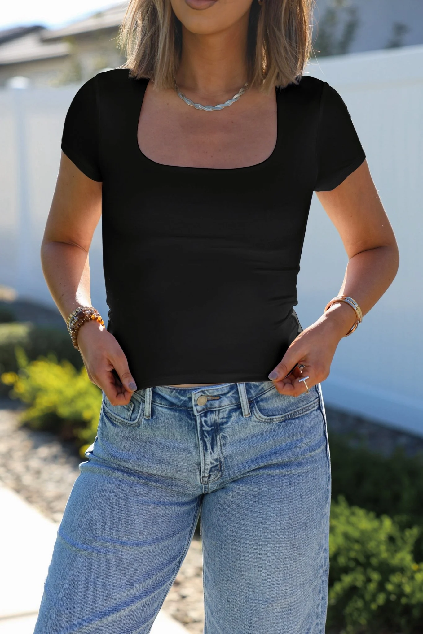 Stretchy Black Double Lined Scoop Neck Top - Image 3