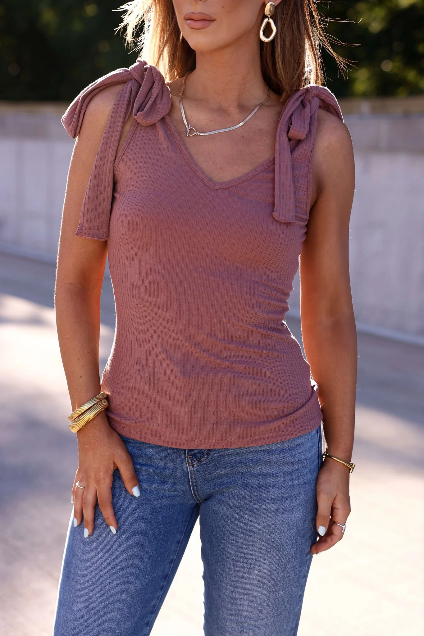 Sutton Ribbed Shoulder Tie Top - Mauve - Image 3