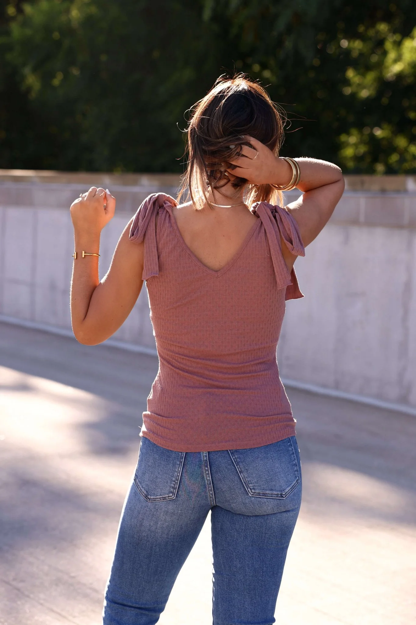 Sutton Ribbed Shoulder Tie Top - Mauve - Image 4
