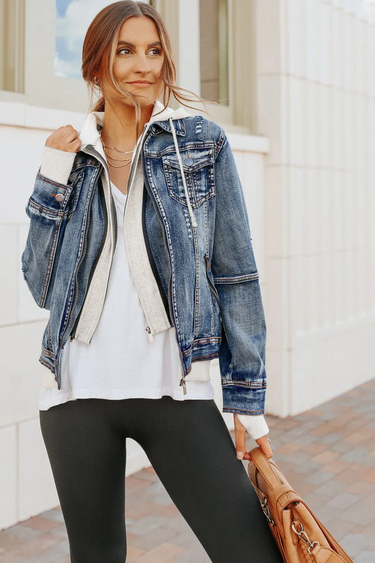 Denim Jacket with Hoodie: Medium Wash - Image 3