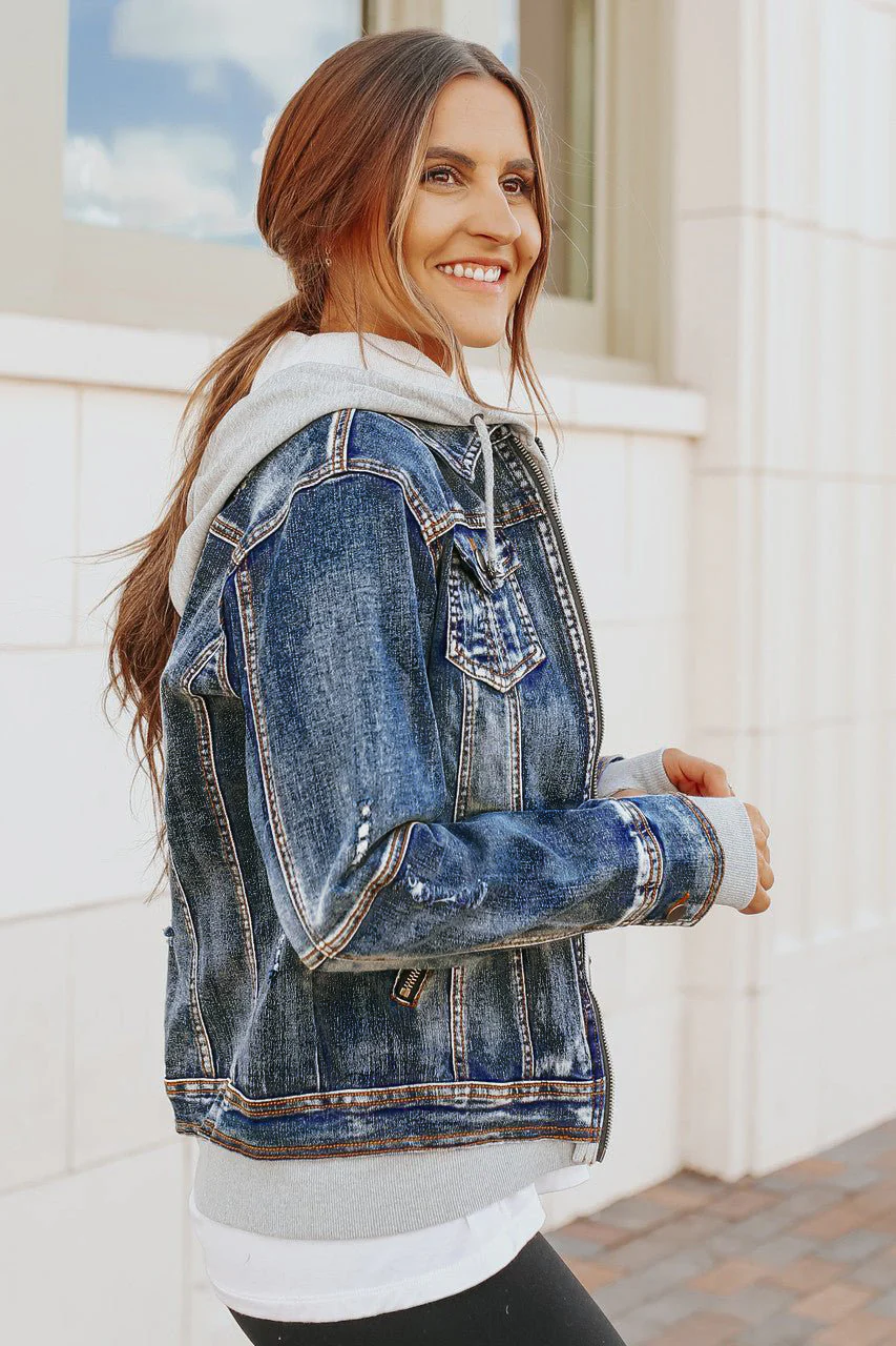 Denim Jacket with Hoodie: Medium Wash - Image 4
