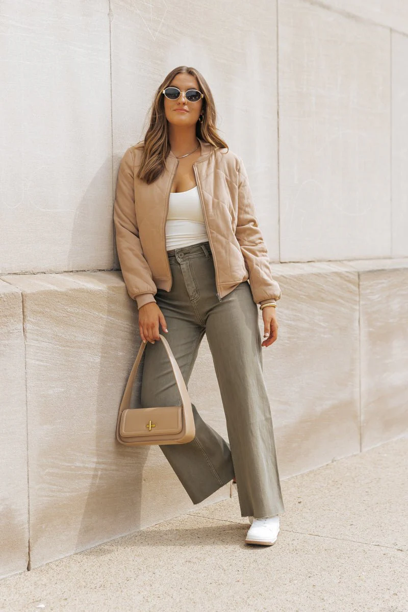 Tan Quilted Bomber Jacket - FINAL SALE - Image 4