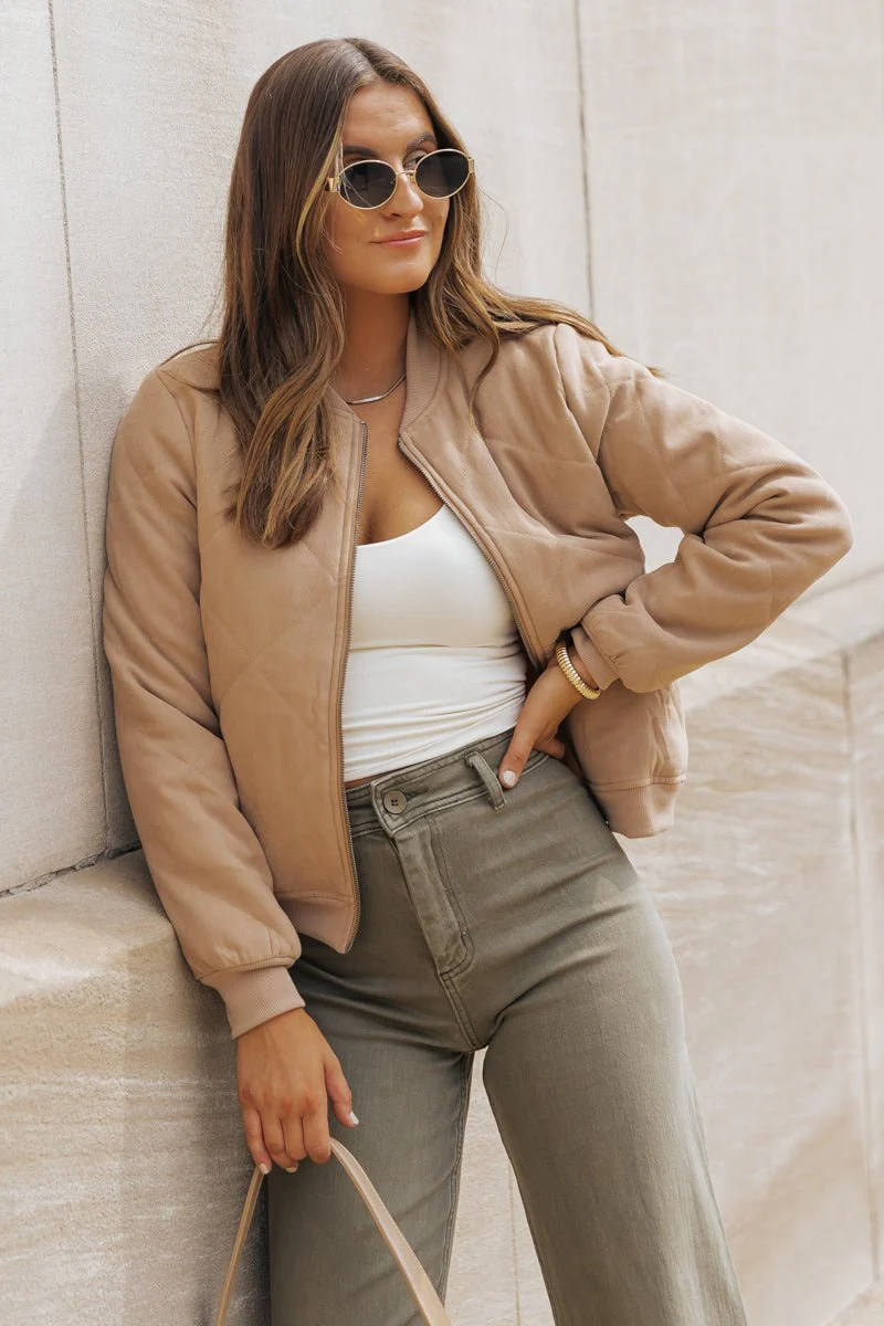 Tan Quilted Bomber Jacket - FINAL SALE - Image 5
