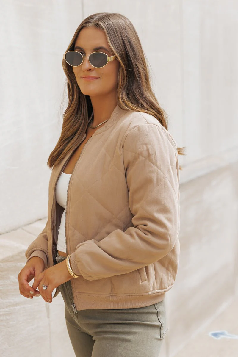 Tan Quilted Bomber Jacket - FINAL SALE - Image 8