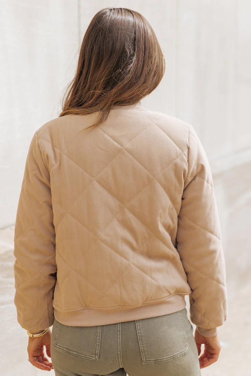 Tan Quilted Bomber Jacket - FINAL SALE - Image 9