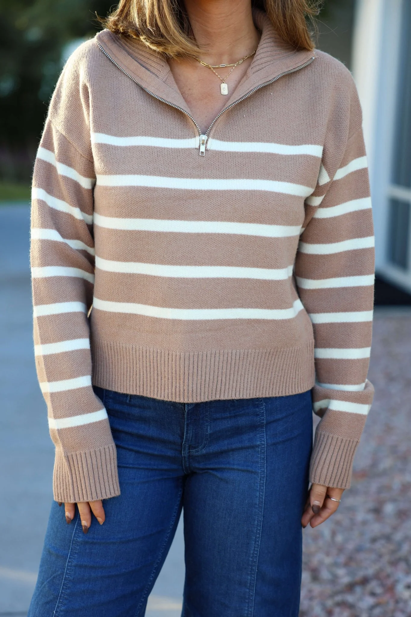 Taupe and Cream Striped Quarter Zip Pullover - FINAL SALE - Image 3