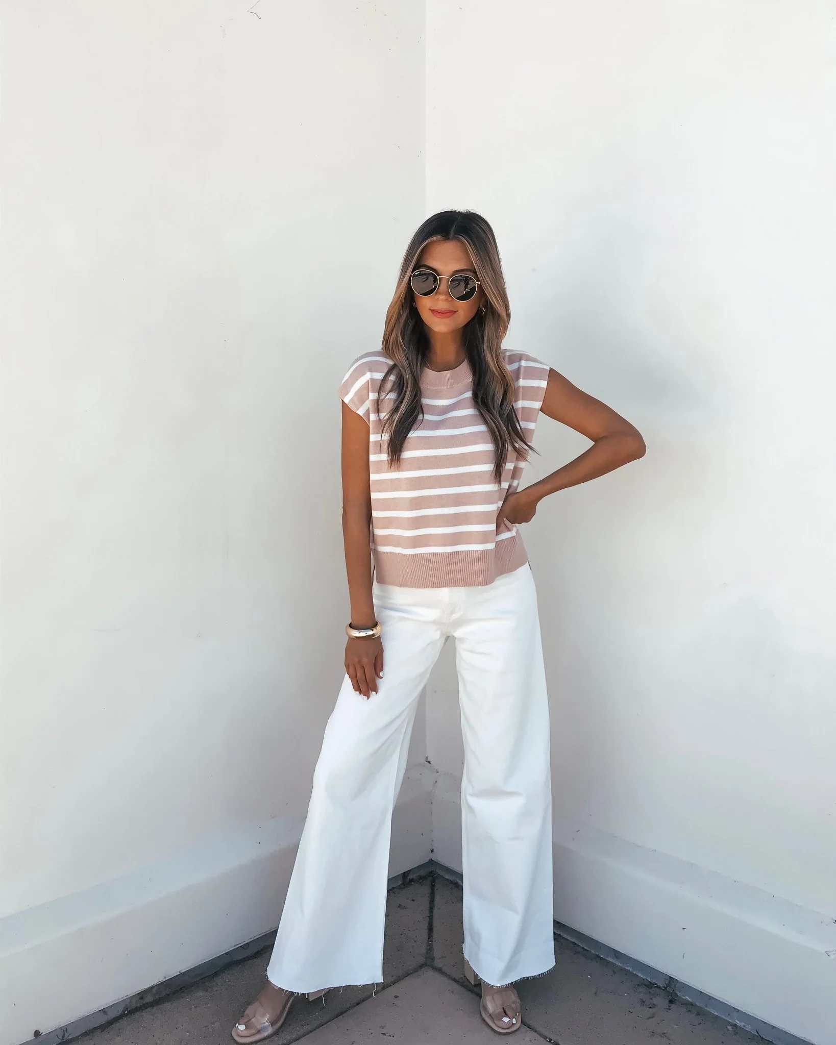 Light Taupe Striped Cap Sleeve Sweater - Image 2