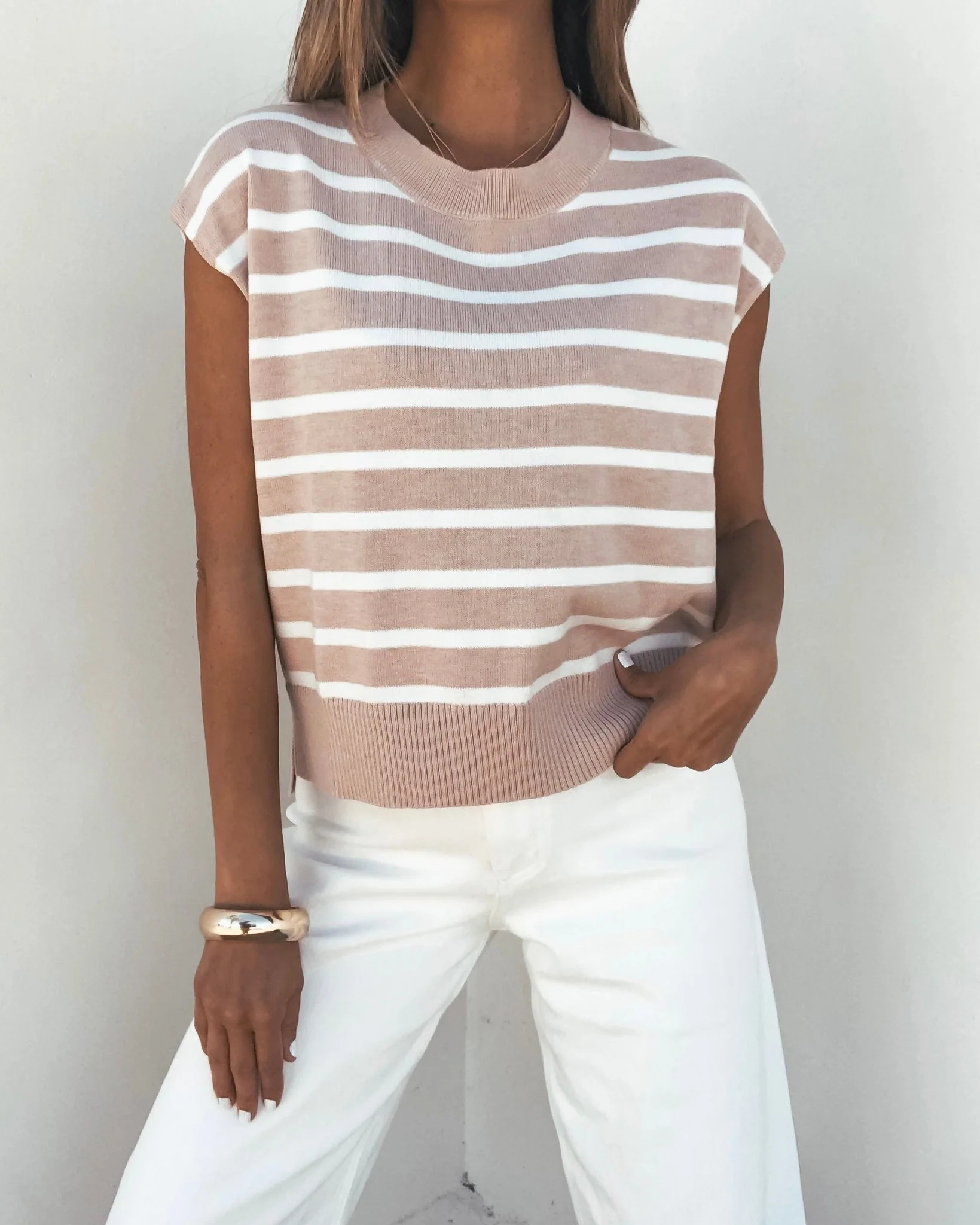 Light Taupe Striped Cap Sleeve Sweater - Image 3