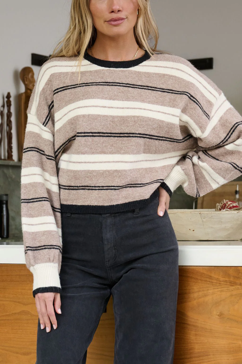 Taupe Striped Dolman Sleeve Sweater - FINAL SALE - Image 7