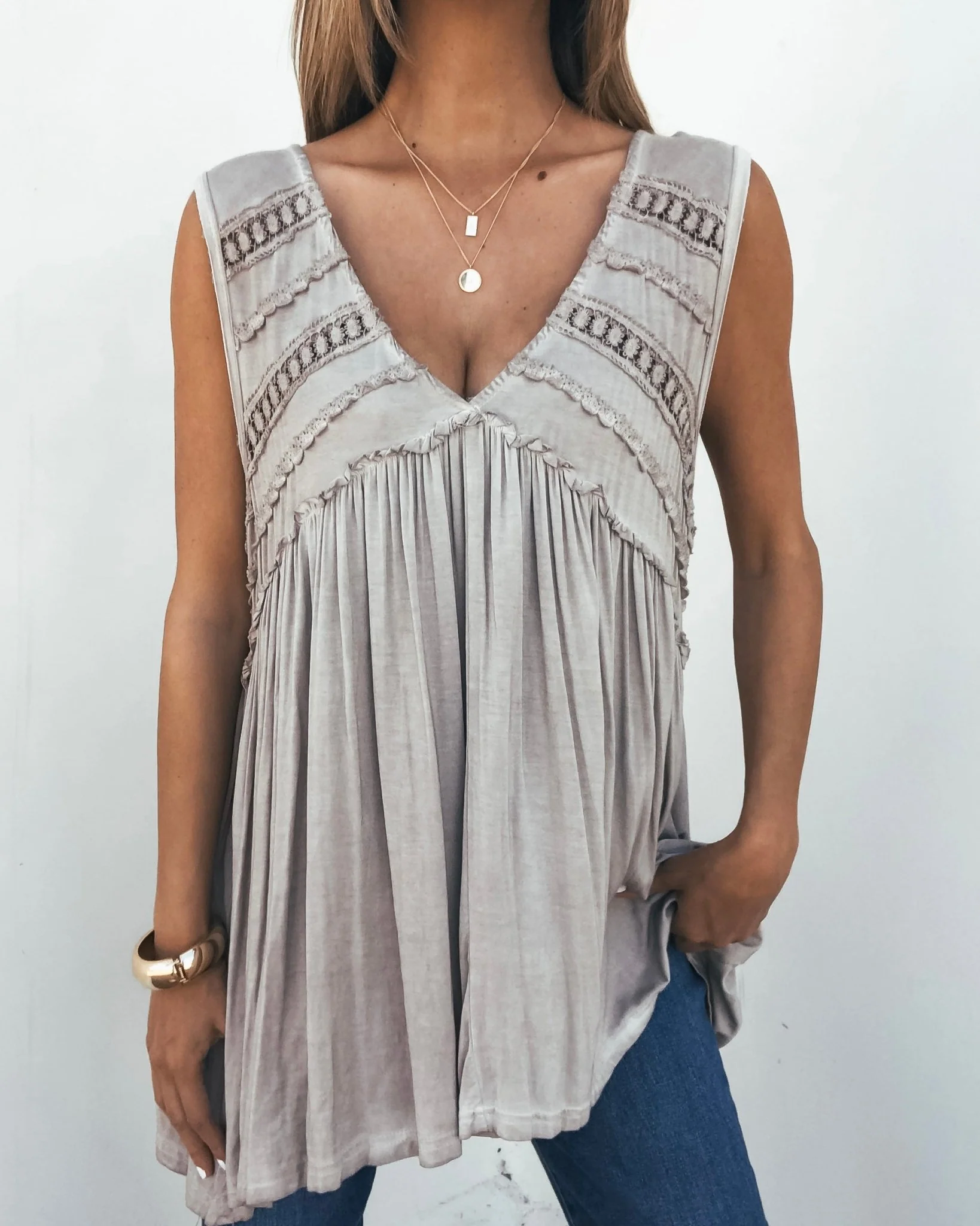 Taupe V Neck Flowy Top - Image 3