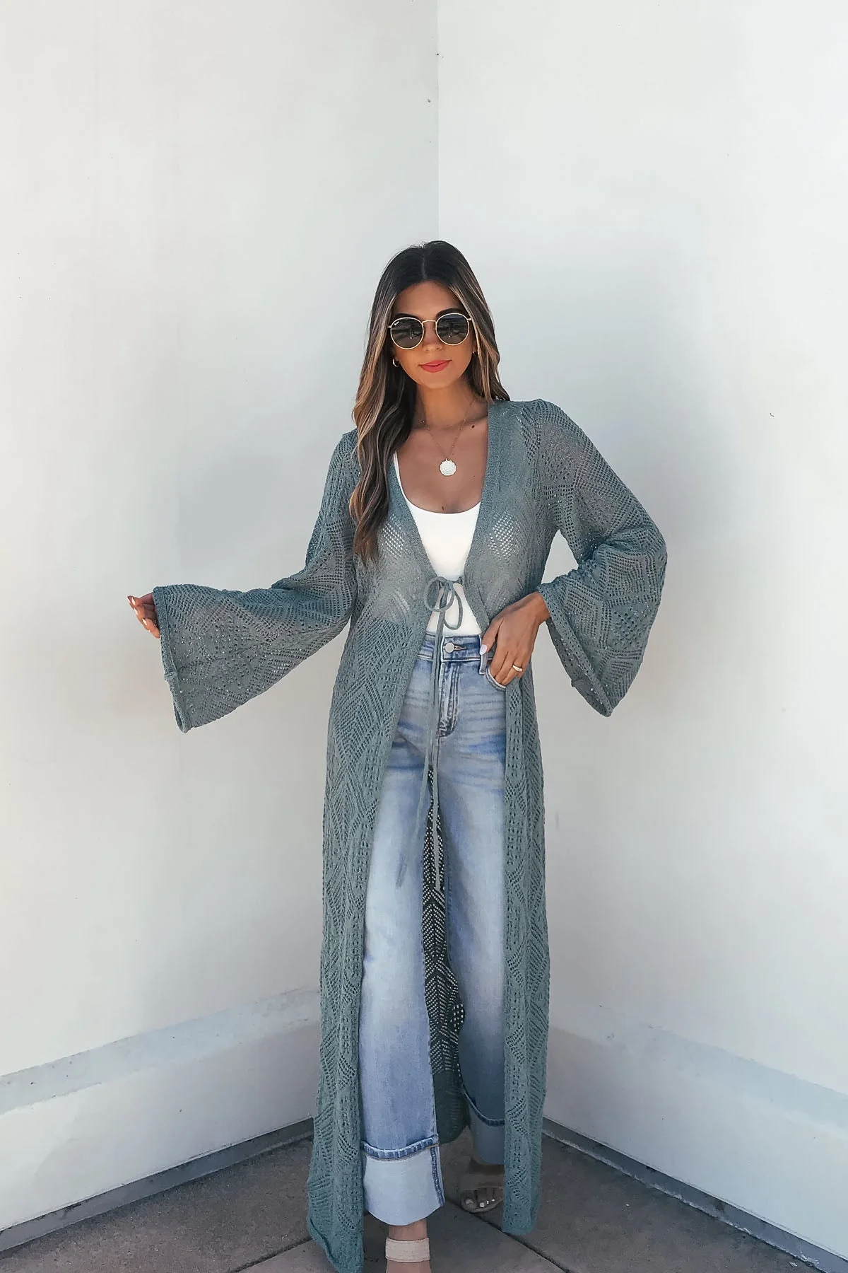 Teal Green Crochet Duster Cardigan