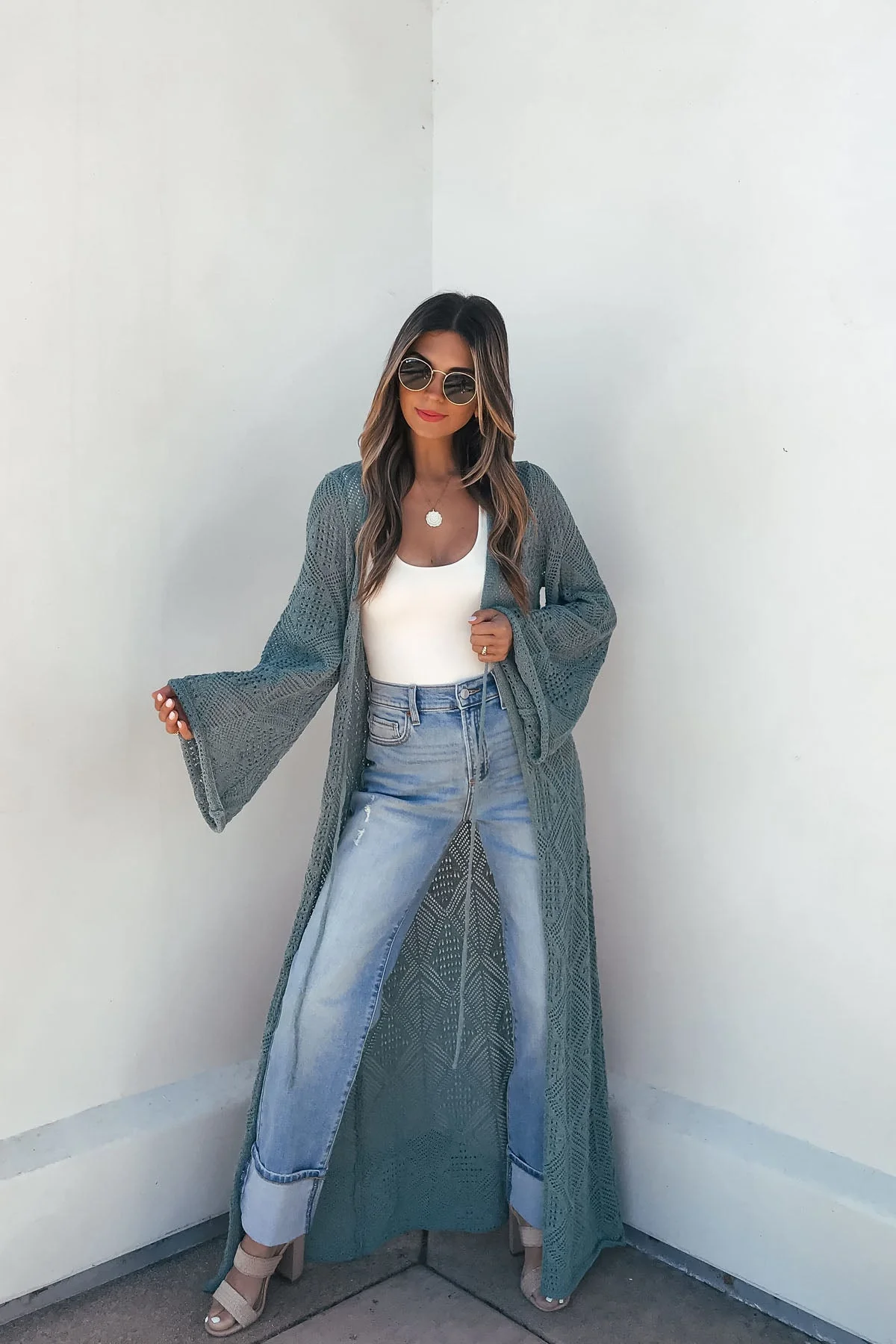 Teal Green Crochet Duster Cardigan - Image 2