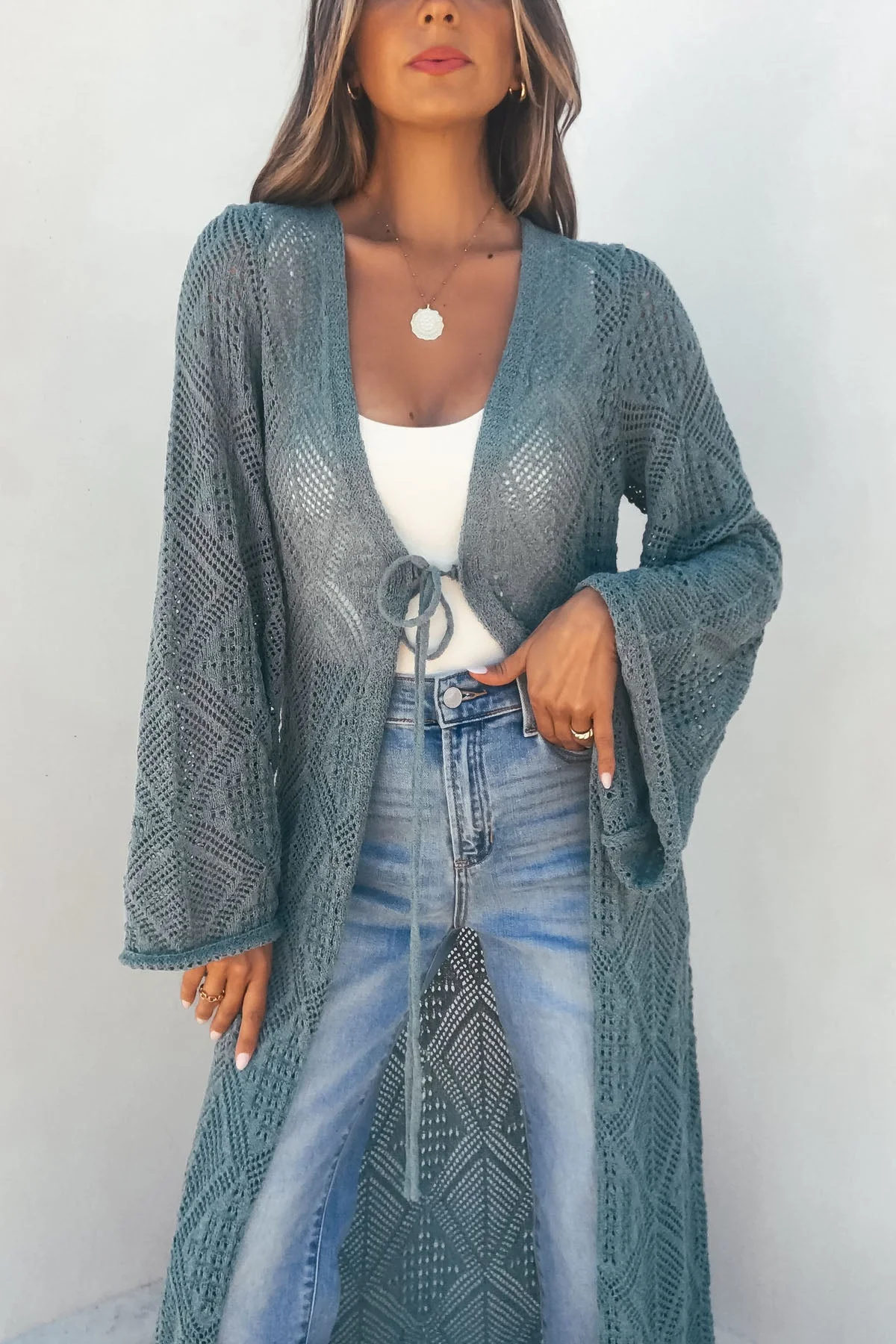 Teal Green Crochet Duster Cardigan - Image 3