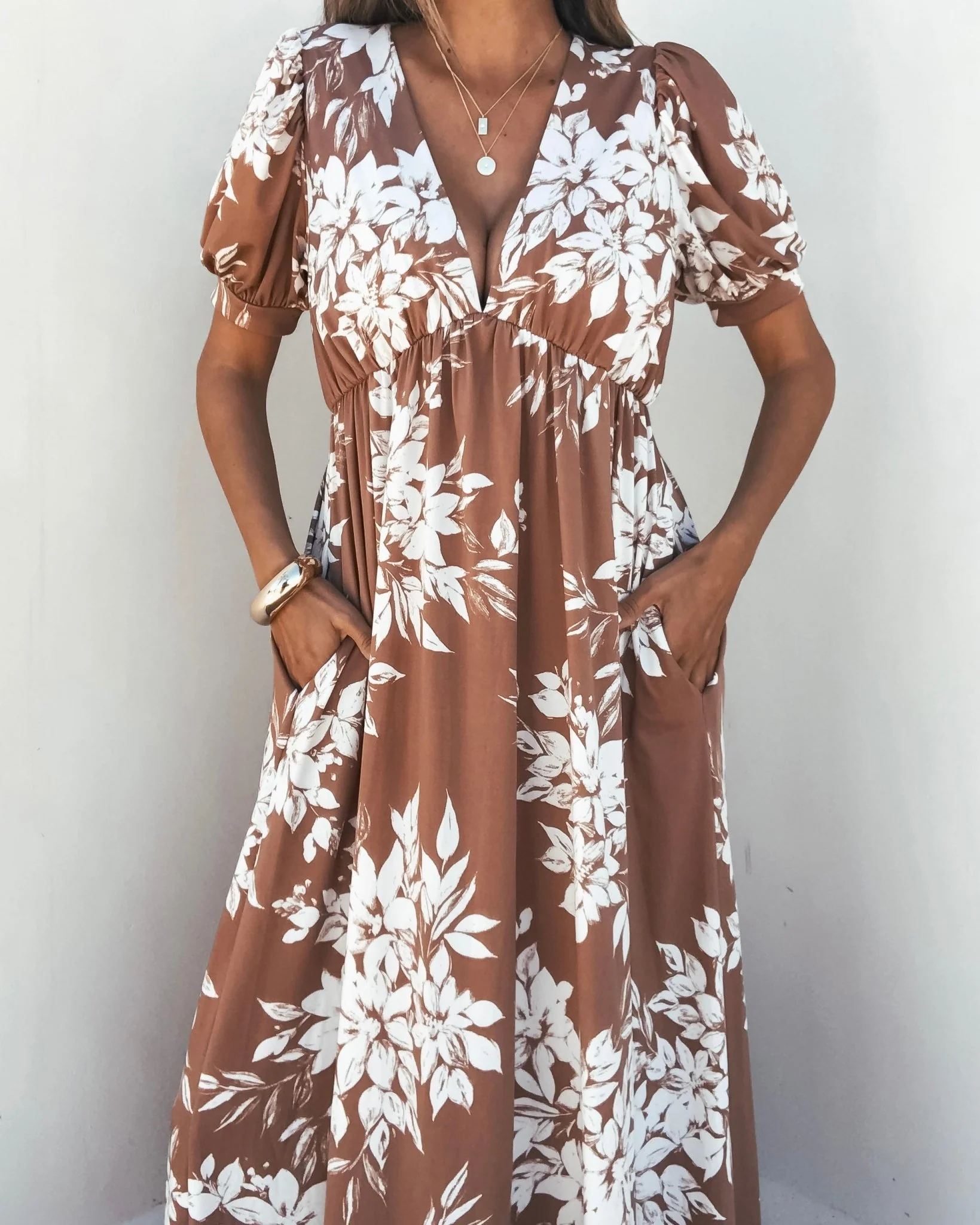 Valerie Taupe V Neck Print Maxi Dress - Image 3