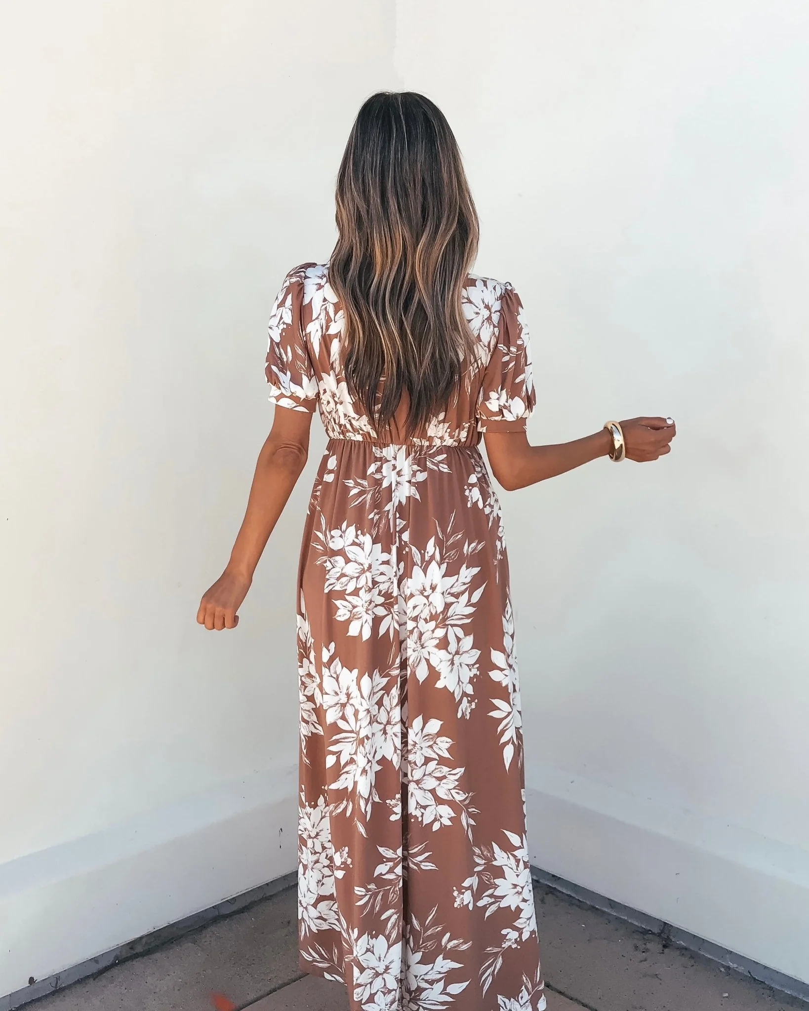 Valerie Taupe V Neck Print Maxi Dress - Image 4