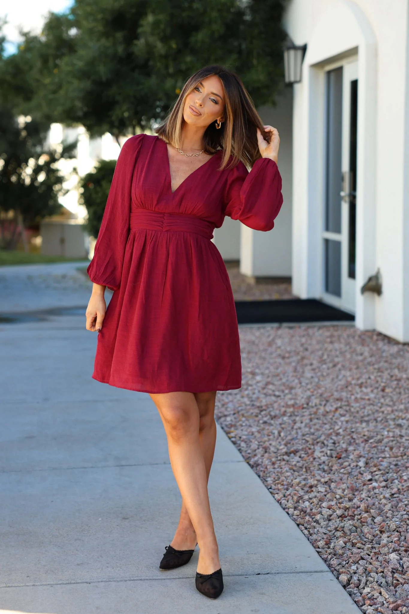 Vanessa Burgundy Ruched Mini Dress - FINAL SALE - Image 2