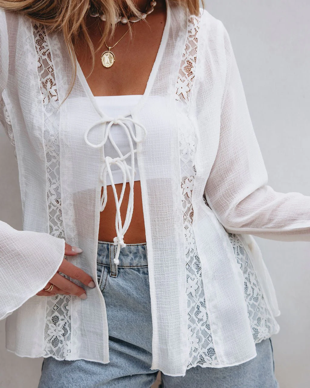 White Bell Sleeve Sheer Lace Top - Image 9