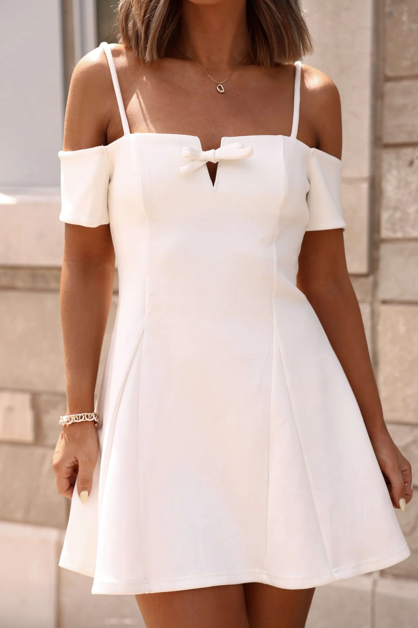 White Cold Shoulder Flare Mini Dress - FINAL SALE - Image 3