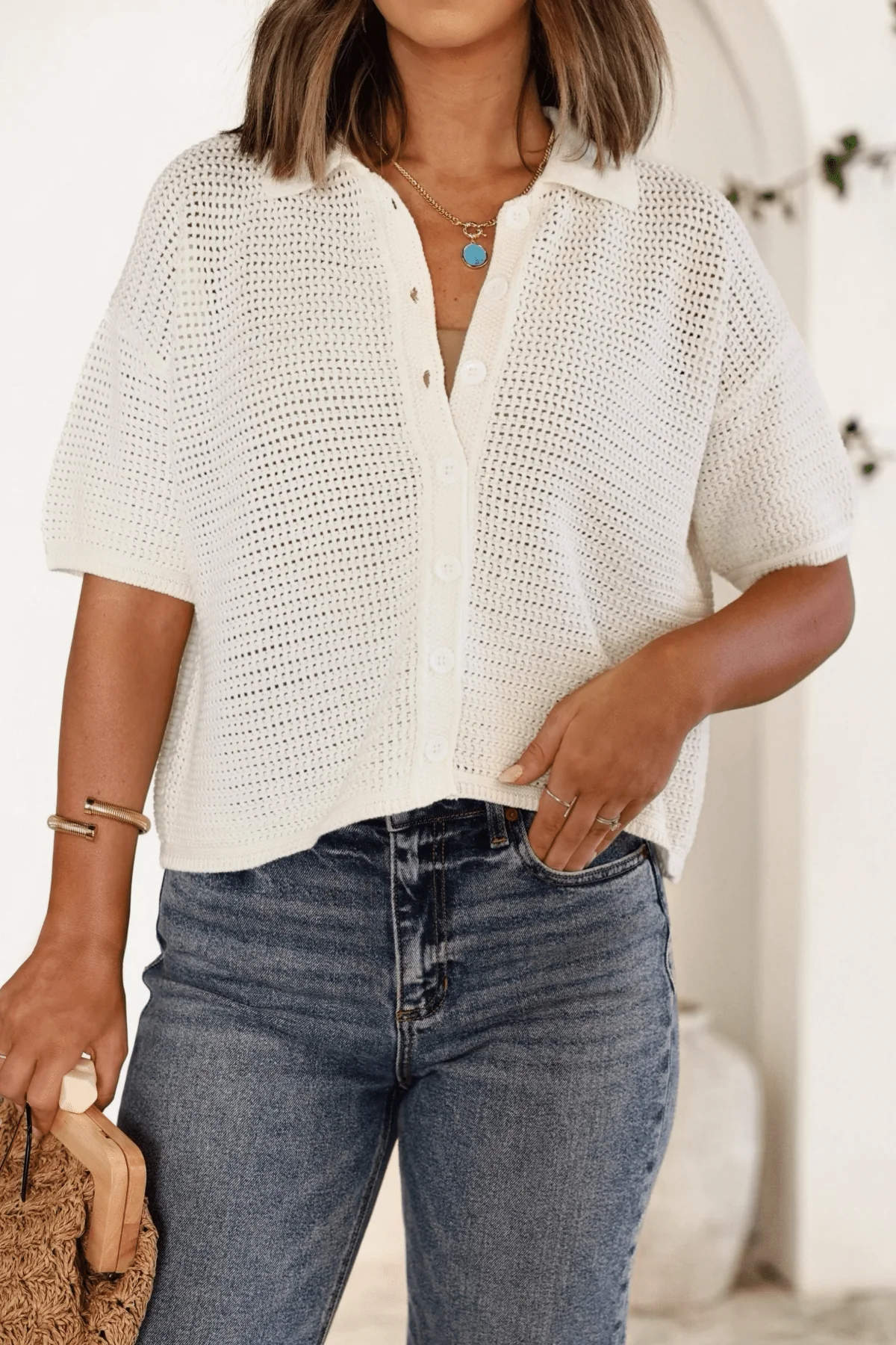 White Crochet Button Up Top - Image 3