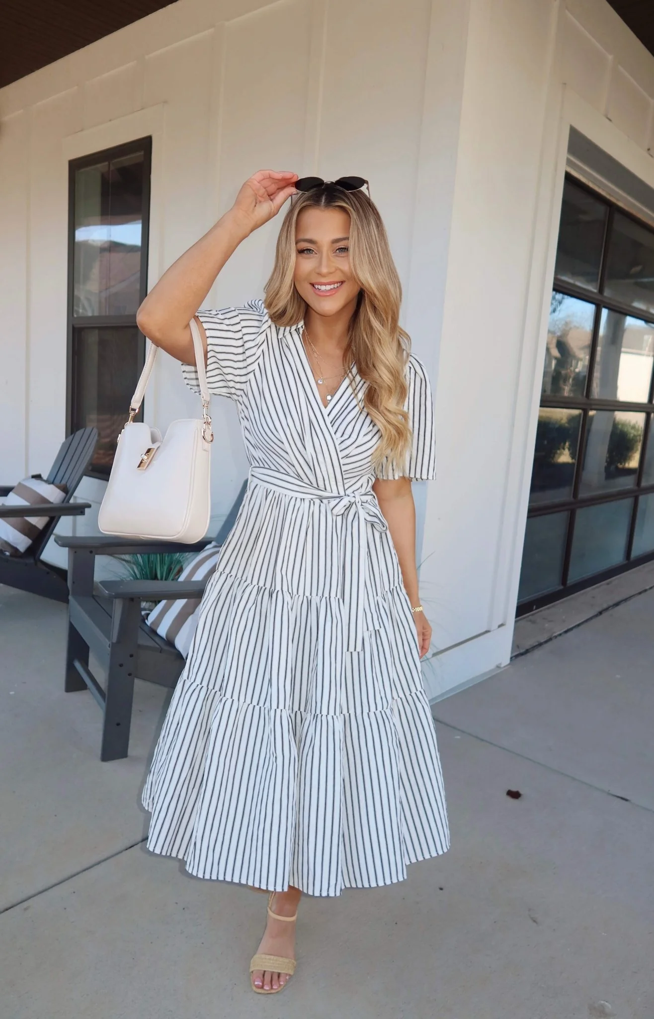 White Stripe Surplice Tiered Midi Dress