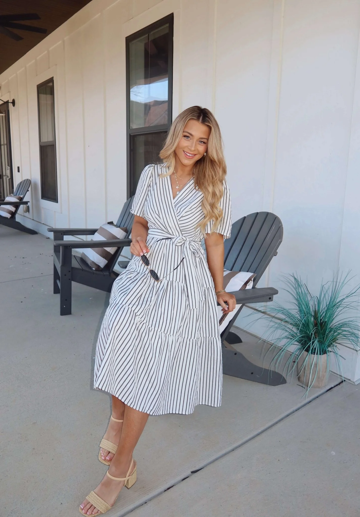White Stripe Surplice Tiered Midi Dress - Image 2