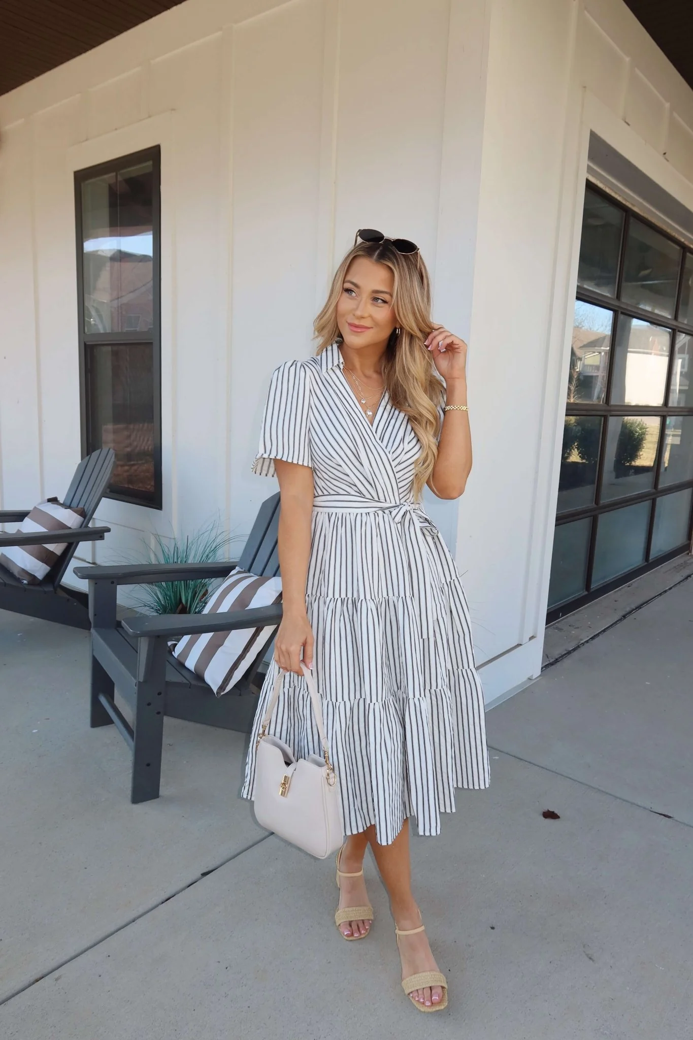 White Stripe Surplice Tiered Midi Dress - Image 3