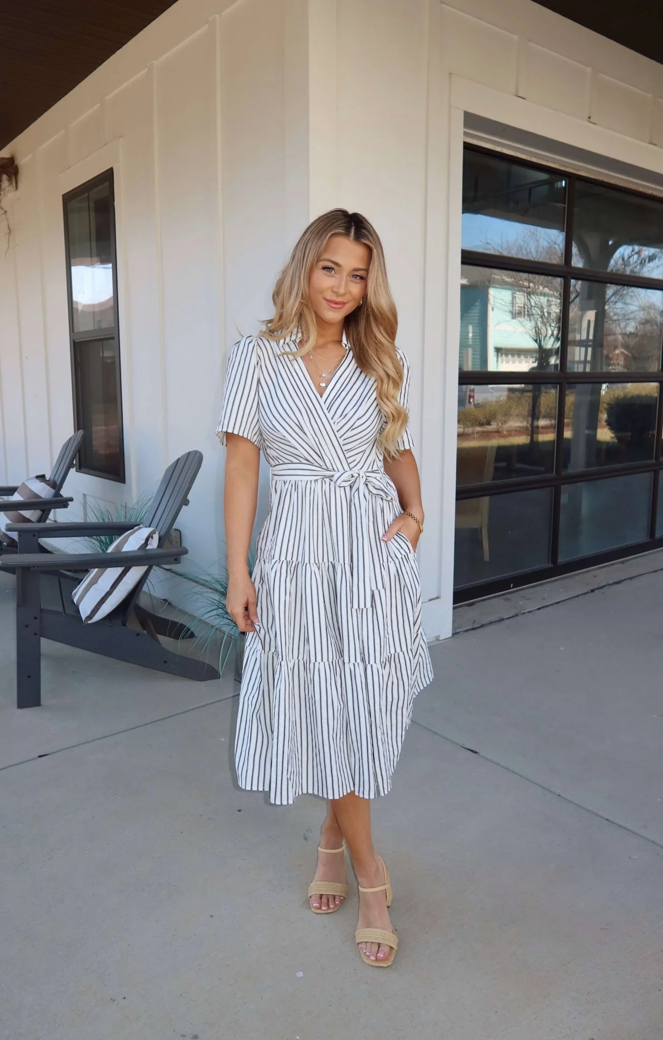 White Stripe Surplice Tiered Midi Dress - Image 4