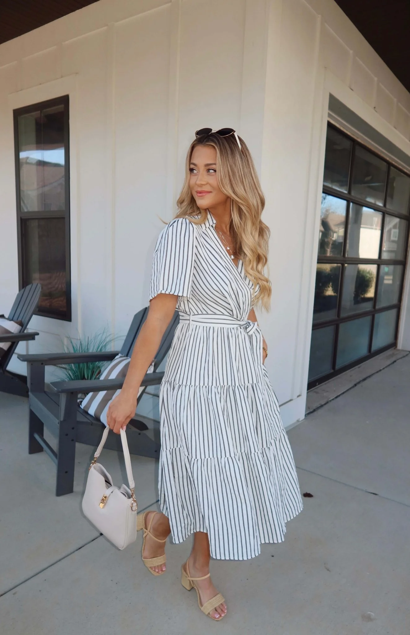 White Stripe Surplice Tiered Midi Dress - Image 5