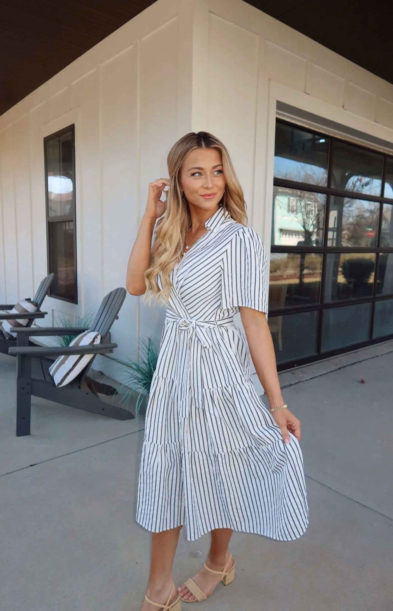 White Stripe Surplice Tiered Midi Dress - Image 6